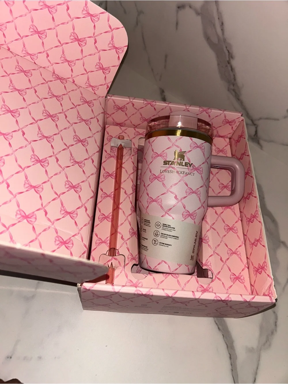 Stanley LoveShackFancy 20 oz Pink Bow Pattern Gift Set Box - Picture 3 of 5